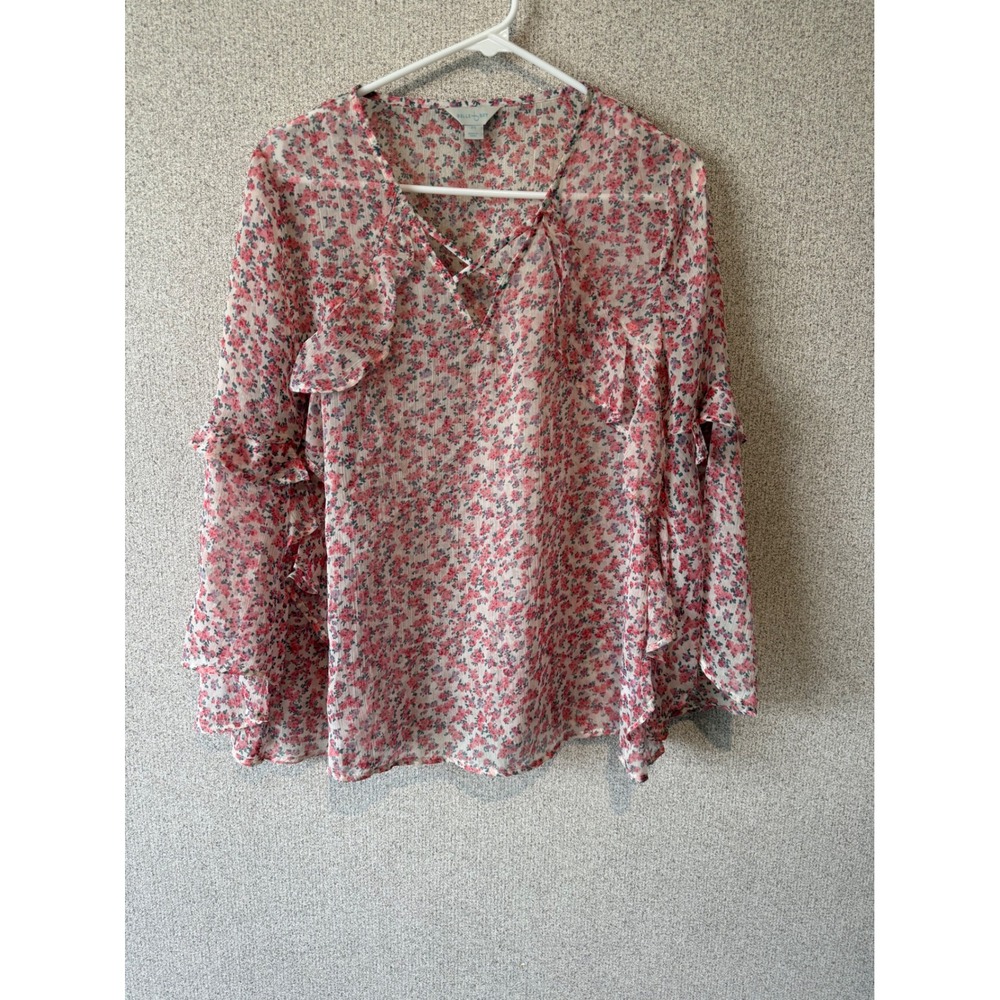 Belle Sky Floral Ruffle Blouse Pink Purple Crisscross V-Neck Long Sleeve Top‎ M